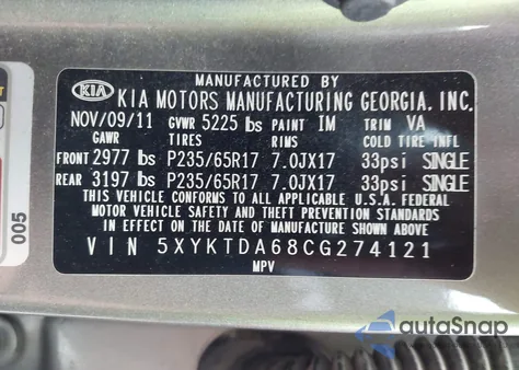 2012 Kia Sorento Lx z USA, uszkodzony, nr VIN 5XYKTDA68CG274121